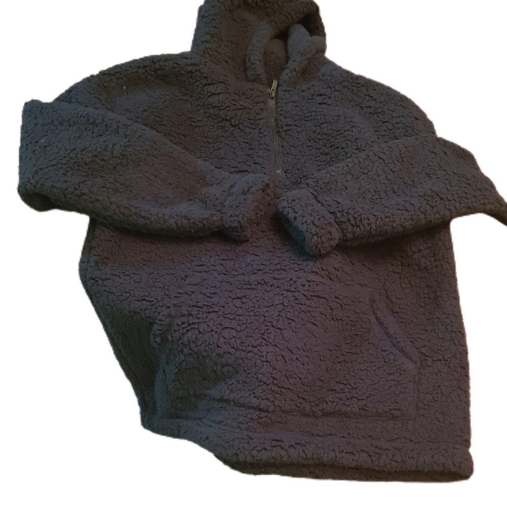 Zenana Quarter-zip Pullover with pockets Hunter Green Sherpa jacket w hood (L)